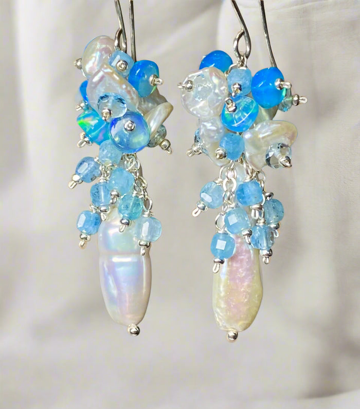 Blue Ethiopian Opal, Keishi Pearl and Gem Dangle Earrings Sterling Silver