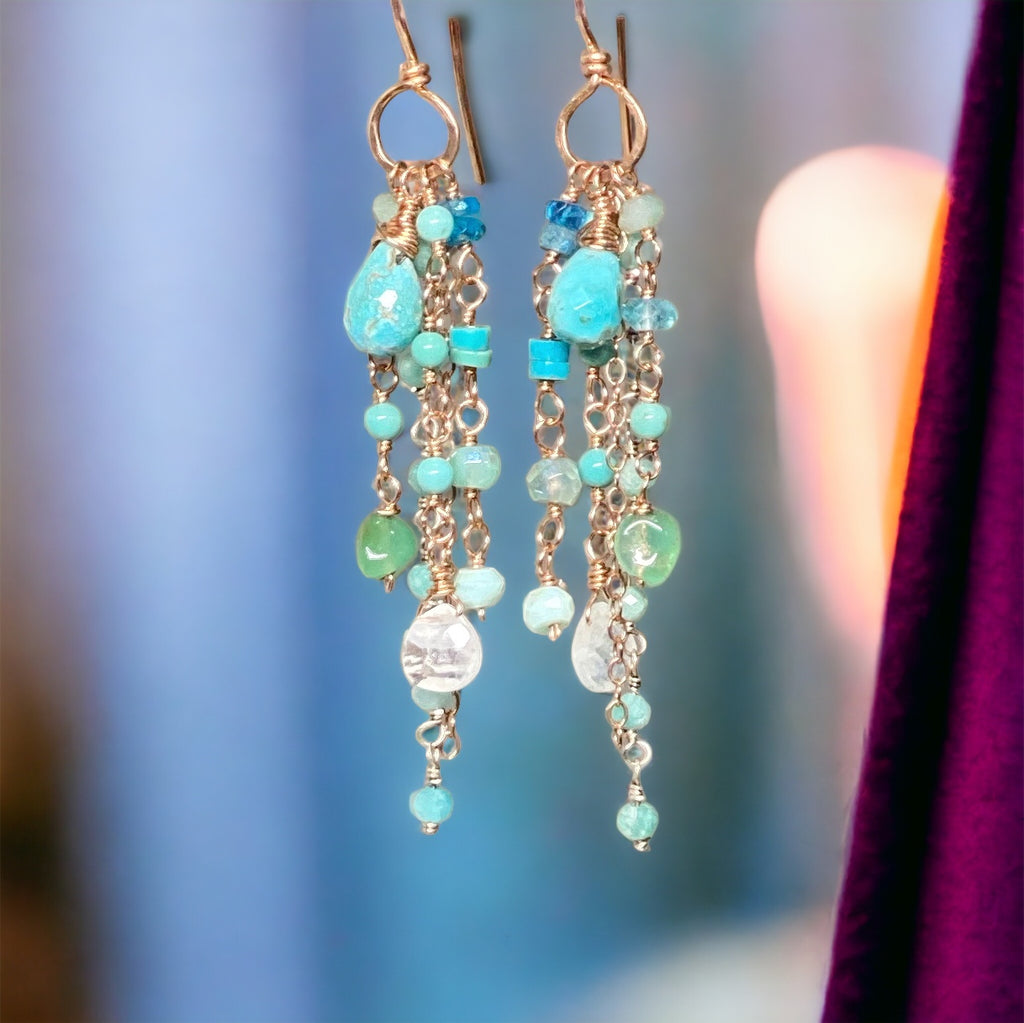 Turquoise Multi Gemstone Dangle Earrings Rose Gold Fill
