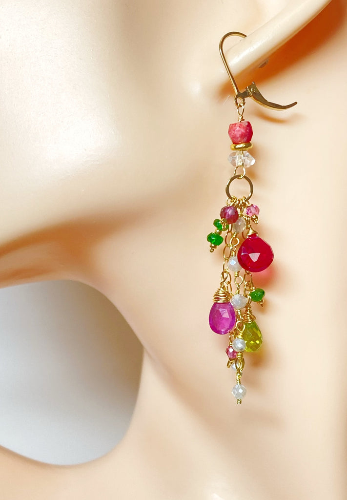 Gemstone Dangle Earrings - Pink Sapphire, Peridot, Ruby, Gold