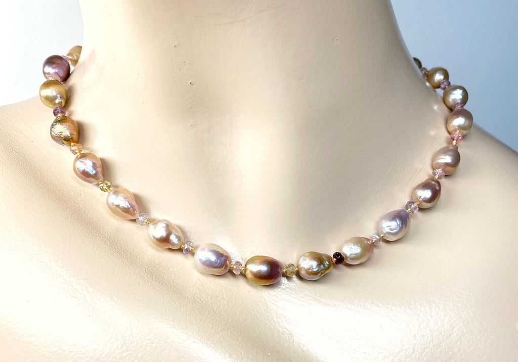 Baroque Metallic Pearl Necklace with Spinel Gemstones, Silk Knotted, Gold Fill