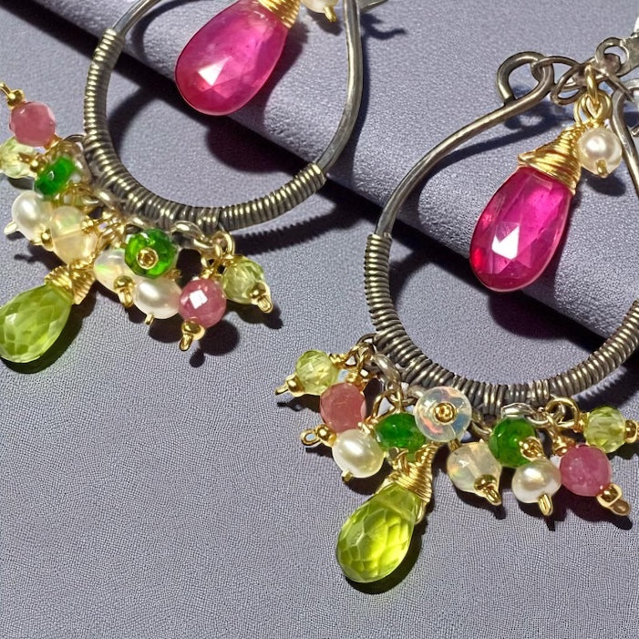 Pink Sapphire, Peridot, Oxidized Silver Hoop Chandelier Earrings, Mixed Metals 3