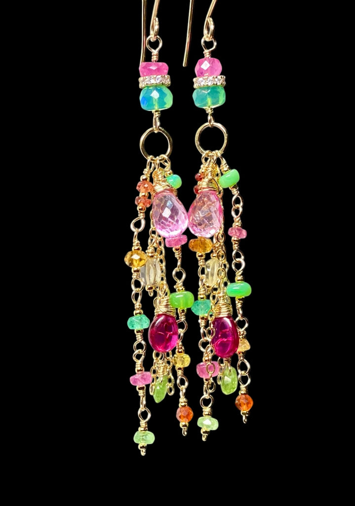Pink Sapphire, Green Gemstone Gold Fill Long Dangle Earrings