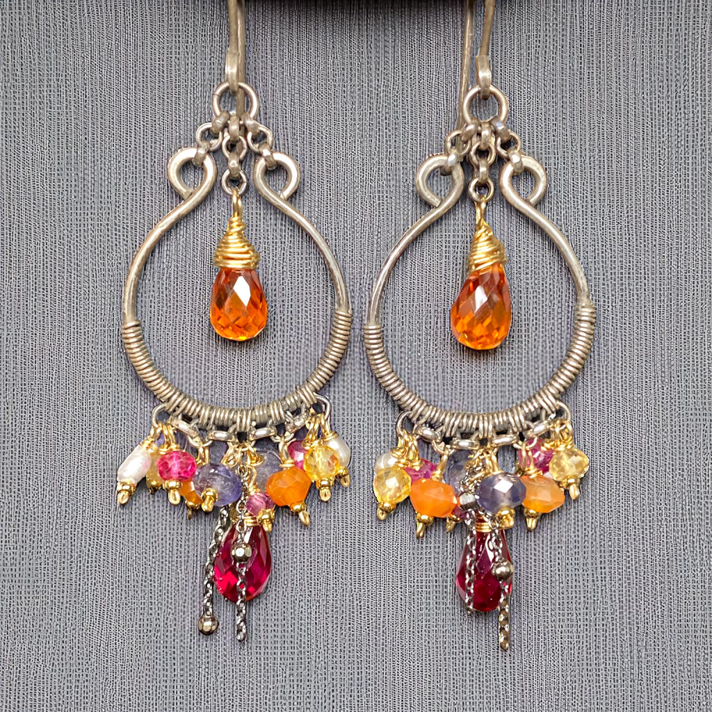 Multi Gemstone Mixed Metal Hoop Chandelier Earrings