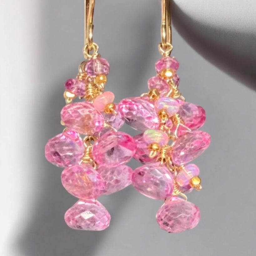 Pink Mystic Topaz Cluster Tassel Earrings Gold Fill or Rose Gold