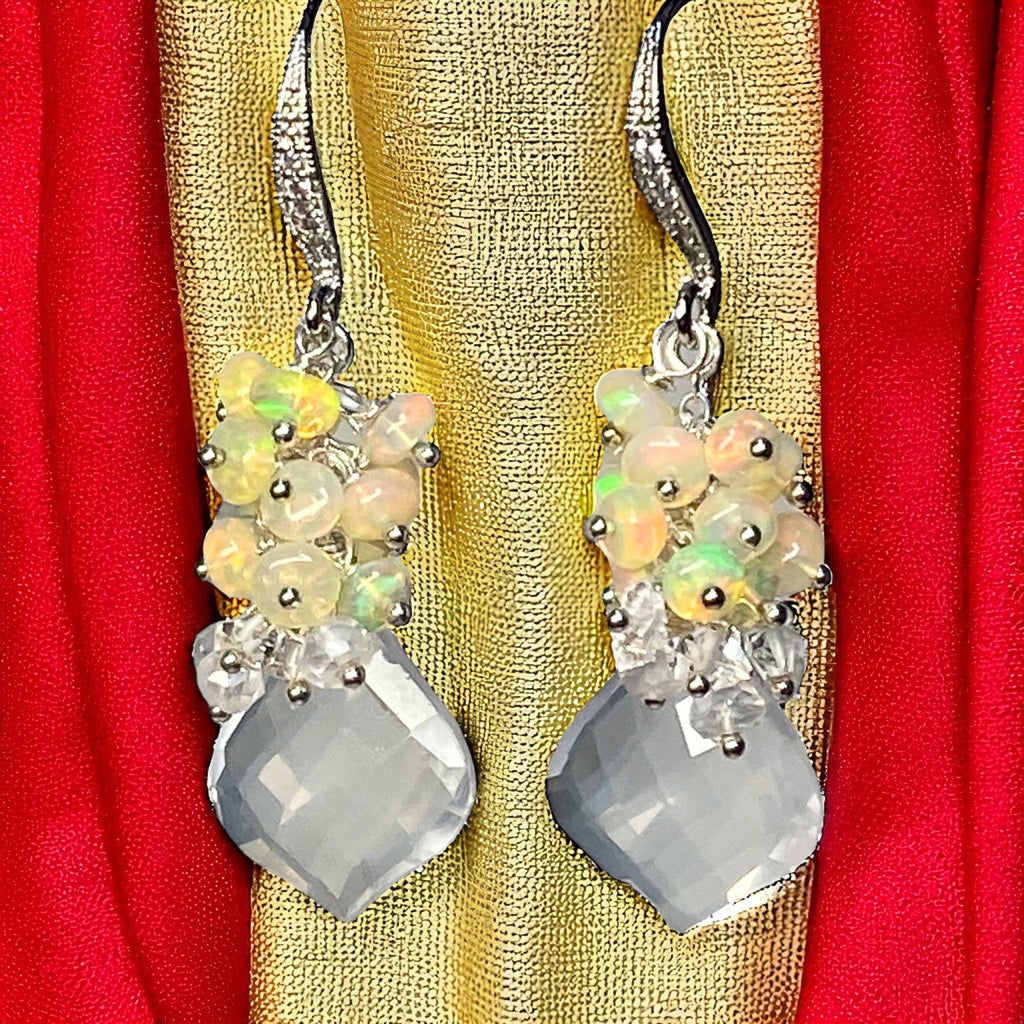 Opal Cluster Crystal Quartz Leverback Earrings