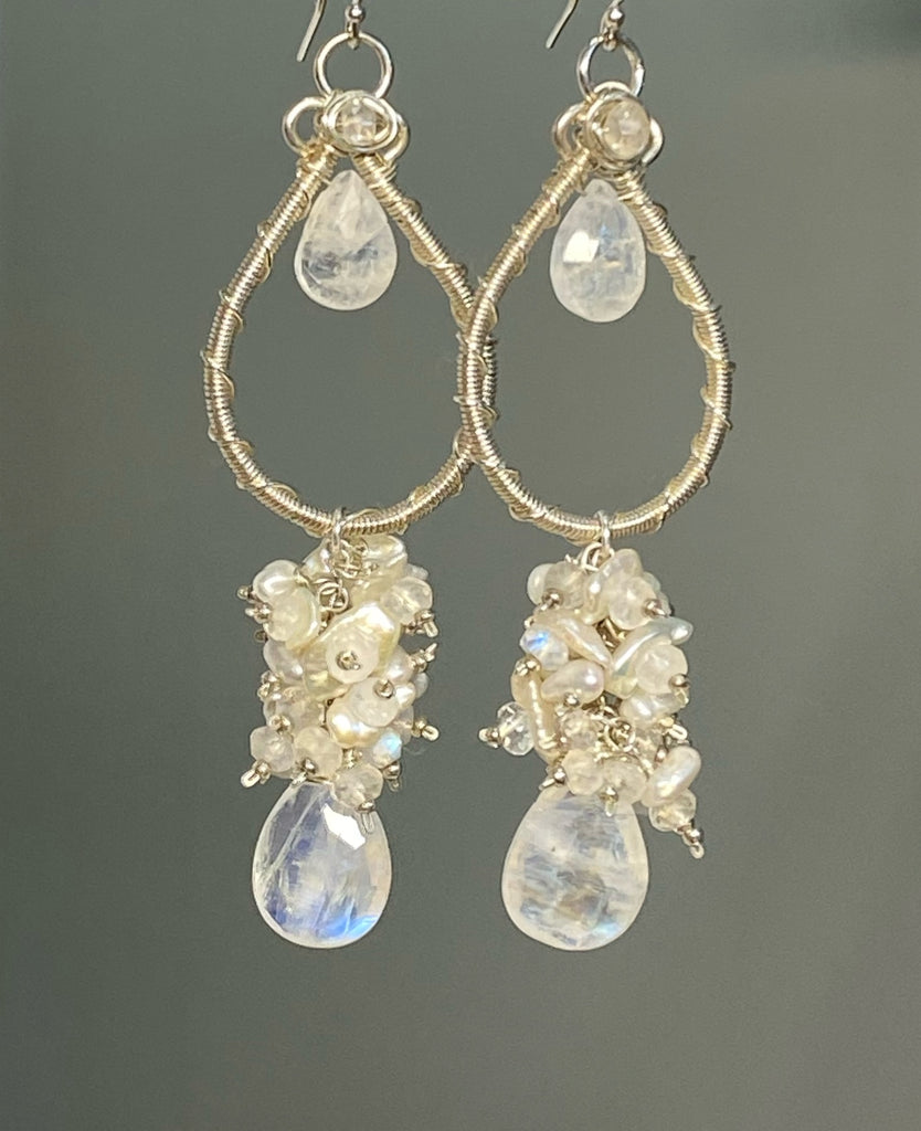 Moonstone Pearl Bridal Earrings Keishi Pearl Crystal Sterling Silver