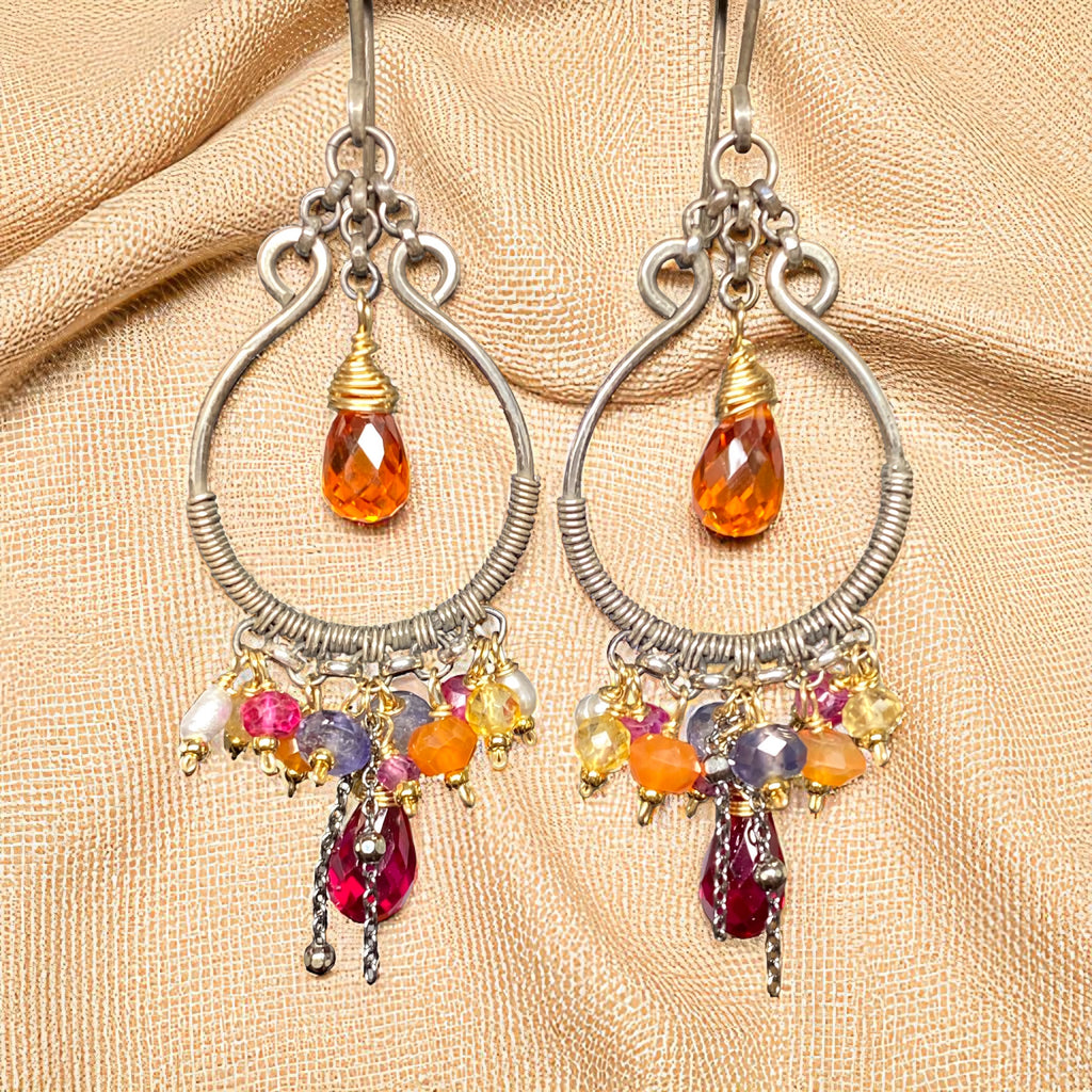 Multi Gemstone Mixed Metal Hoop Chandelier Earrings