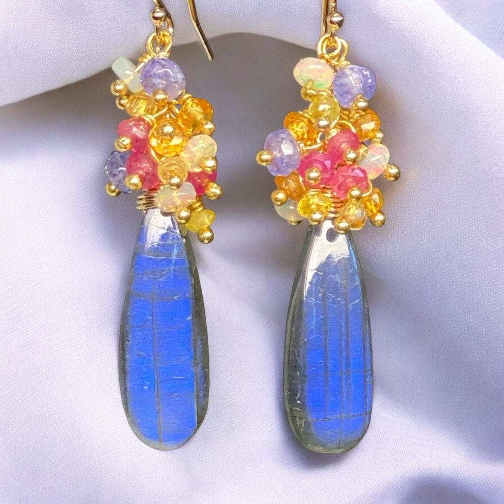 Labradorite and Sapphire Long Cluster Dangle Earrings Gold Fill