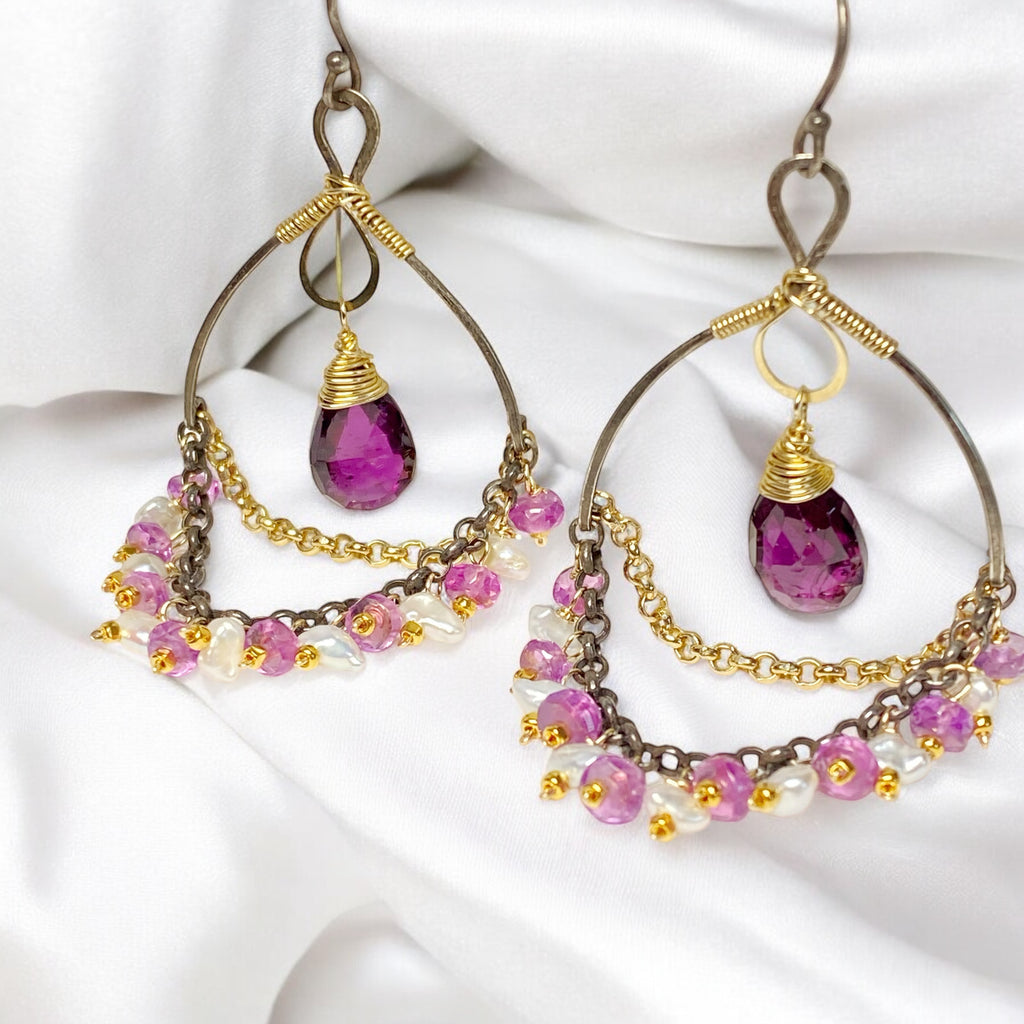 Rhodolite Garnet Chandelier Earrings with Sapphires in Mixed Metals 2