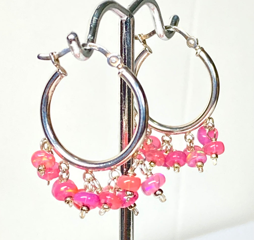 Sterling Silver Hoop Earrings with Hot Pink Ethiopian Opals