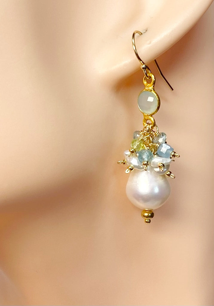 Pearl Cluster Earrings with Peridot, Aquamarine, Apatite in Gold