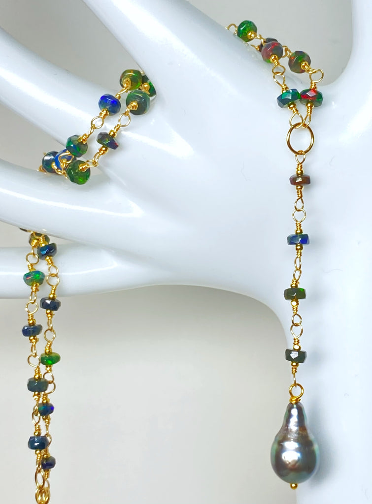 Tahitian Pearl, Black Ethiopian Opal Wire Wrap Y Necklace, Gold Fill