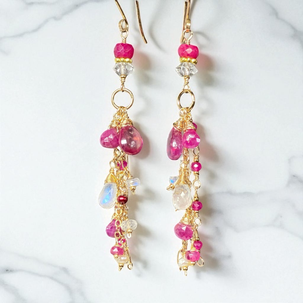 Red Ruby, Pink Sapphire Long Boho Dangle Earrings in Gold Fill with Moonstone