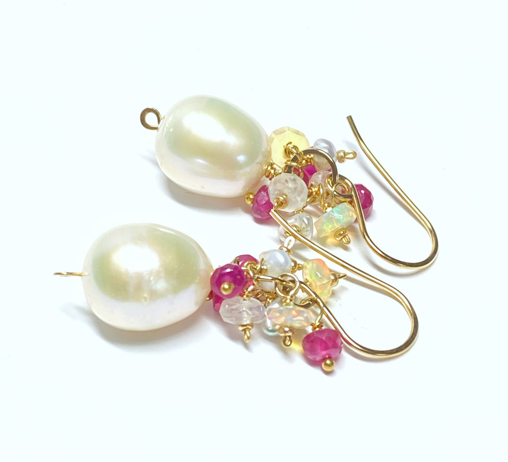 Pearl Earrings with Ruby, Opal, Keishi Pearl Clusters, Gold Fill