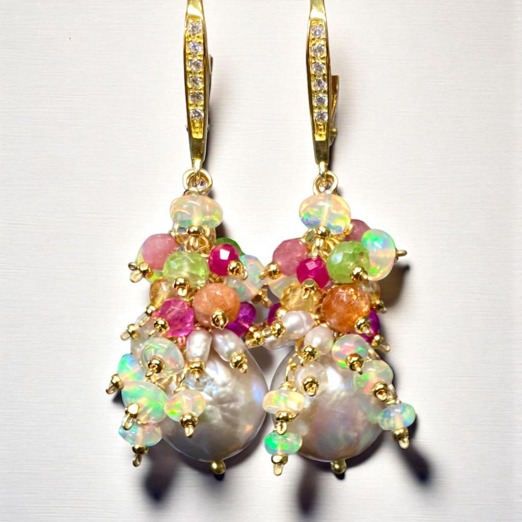 Silver Edison Pearl Multicolor Gemstone Cluster Earrings Gold Fill