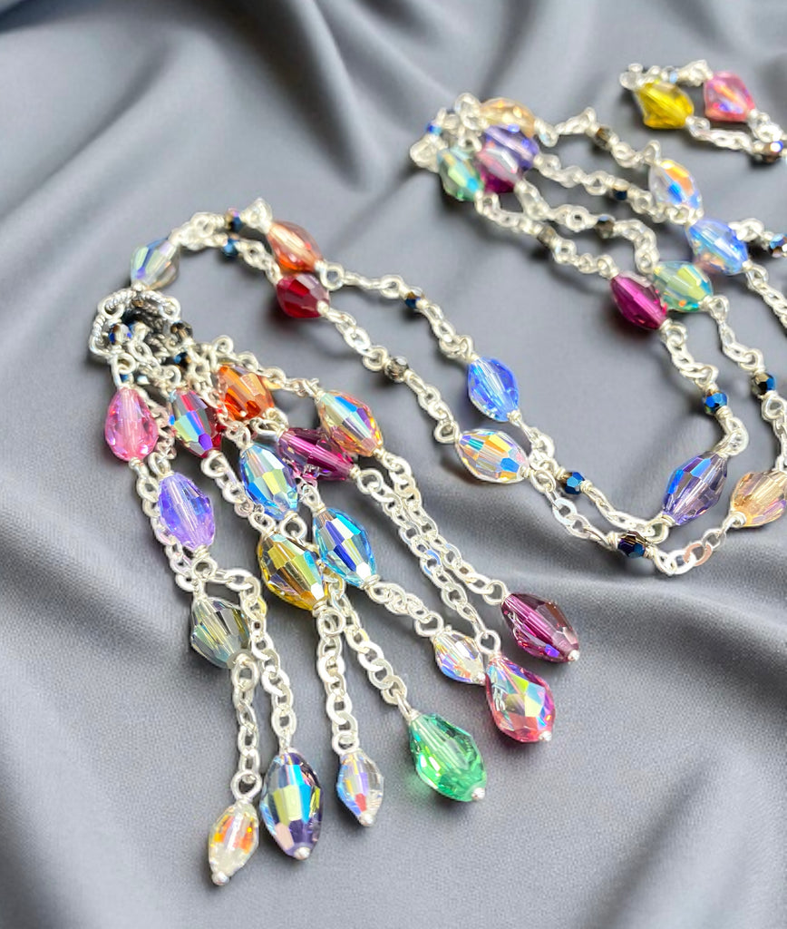 Multicolor Crystal Tassel Necklace Sterling Silver