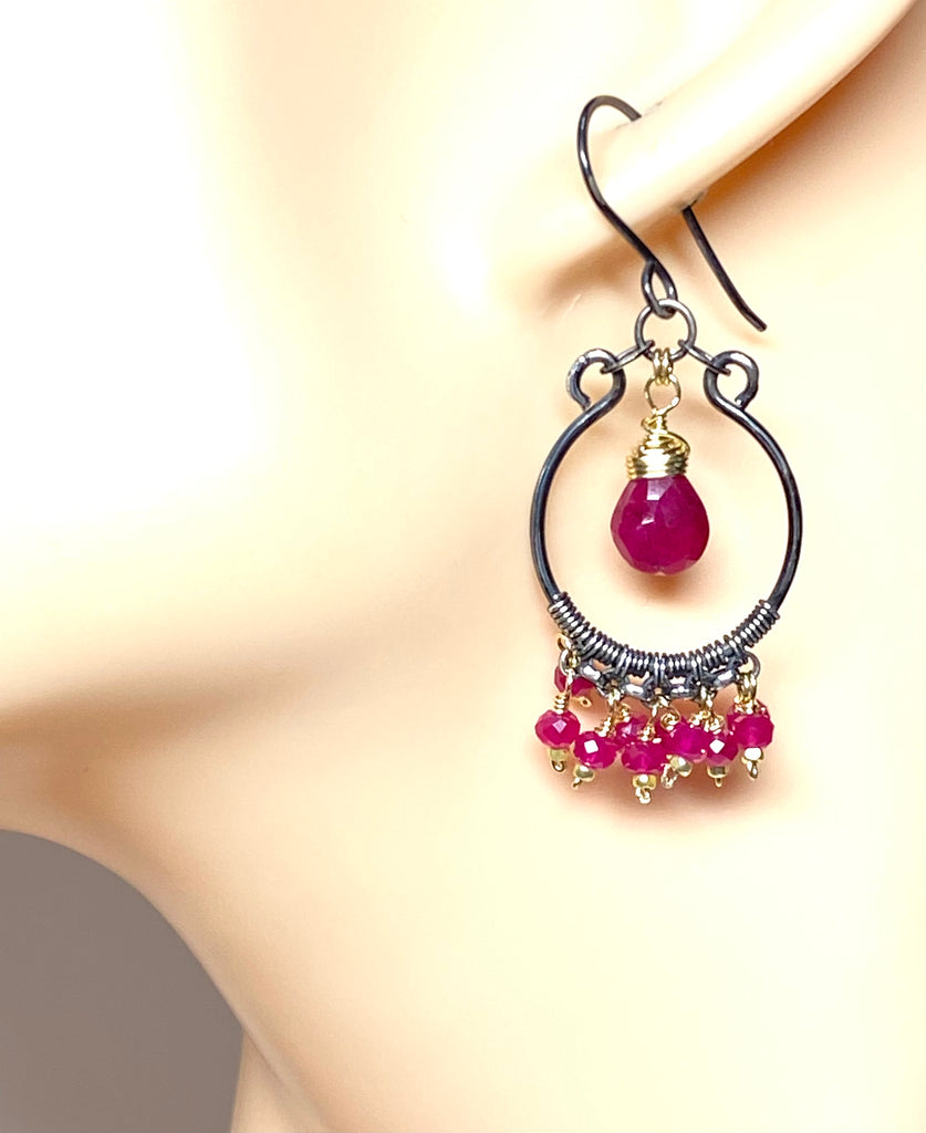 Red Ruby Mixed Metal Chandelier Hoop Earrings