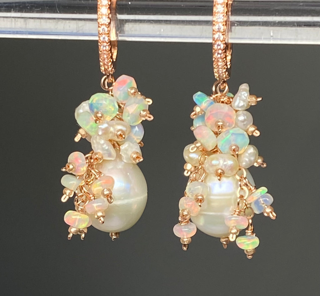 Pearl and Ethiopian Opal Cluster Earrings