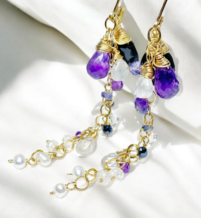 amethyst, black spinel, moonstone gold filled dangle earrings