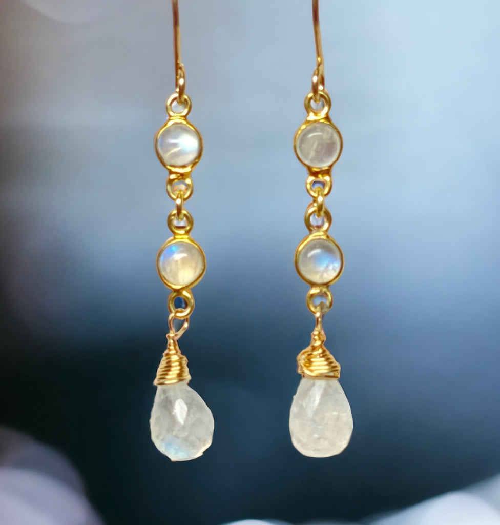 Rainbow Moonstone Double Dangle Earrings Gold Fill