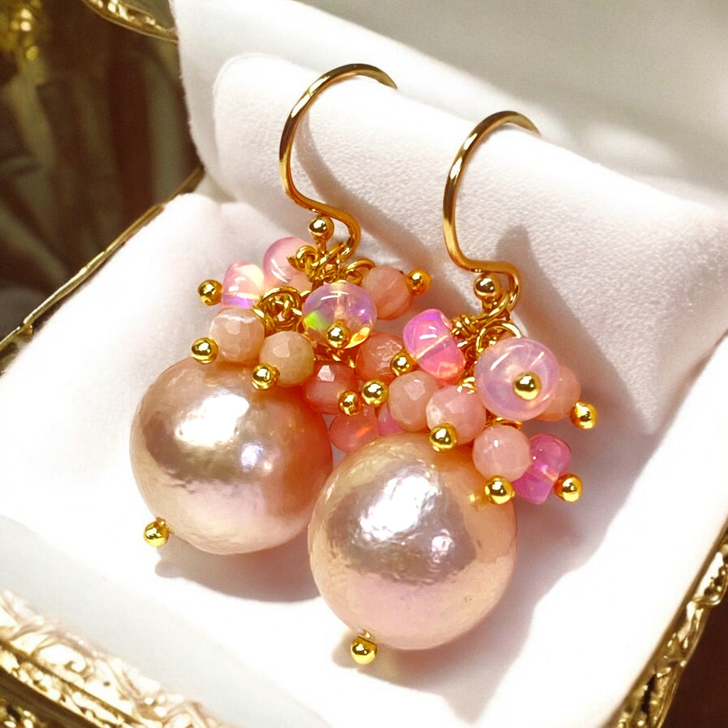 Pink Blush Pearl Pink Opal Cluster Earrings Gold Fill
