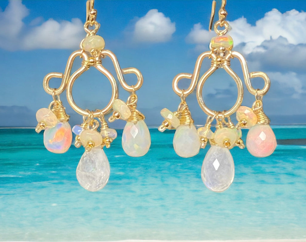 Ethiopian Opal and Moonstone Gemstone Chandelier Earrings Statement Gold Fill