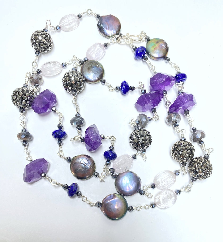 Long Blue Violet Necklace Amethyst Kunzite Coin Pearl Sterling Silver 2