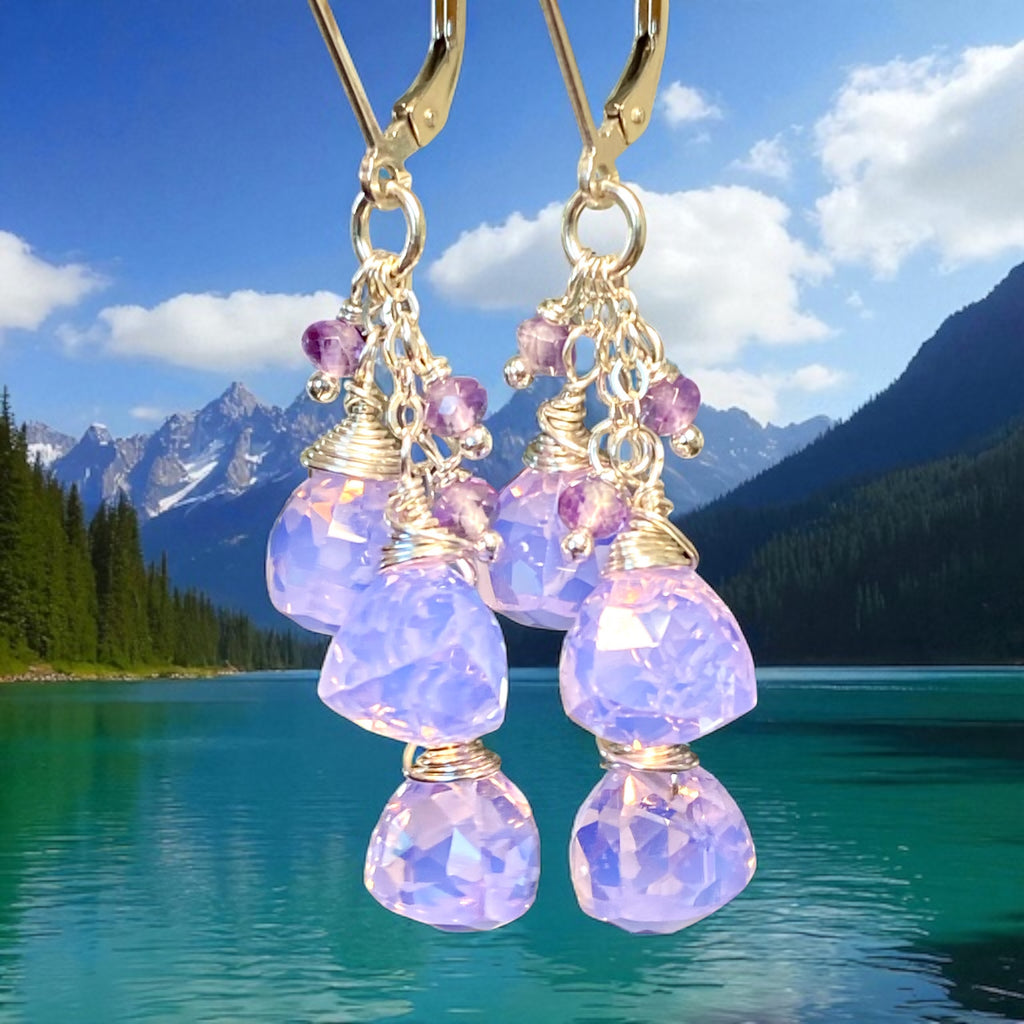 Amethyst and Lavender Quartz Dangle Earrings Sterling Silver