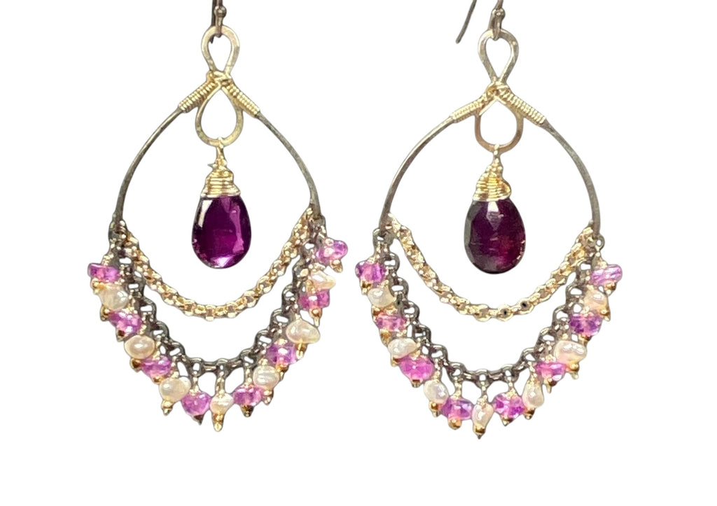 Rhodolite Garnet Chandelier Earrings with Sapphires in Mixed Metals 2