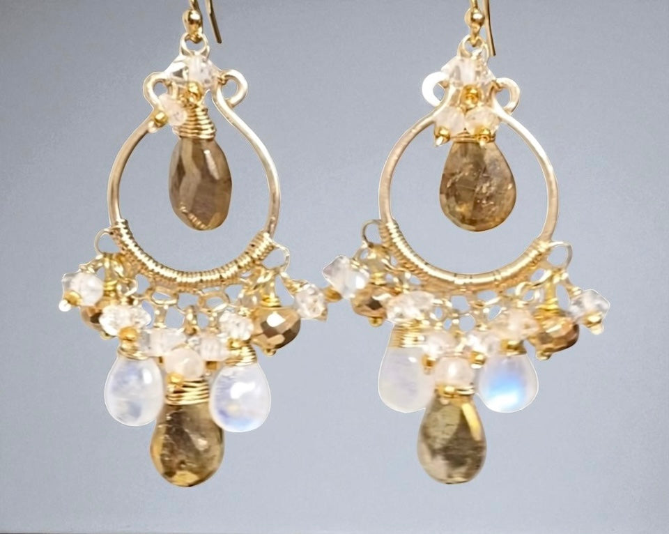 Rainbow Moonstone Gold Labradorite Chandelier Hoop Earrings Gold Fill