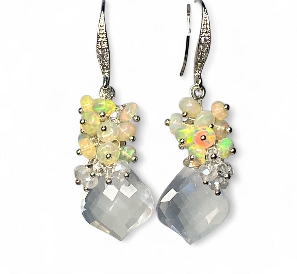 Opal Cluster Crystal Quartz Leverback Earrings