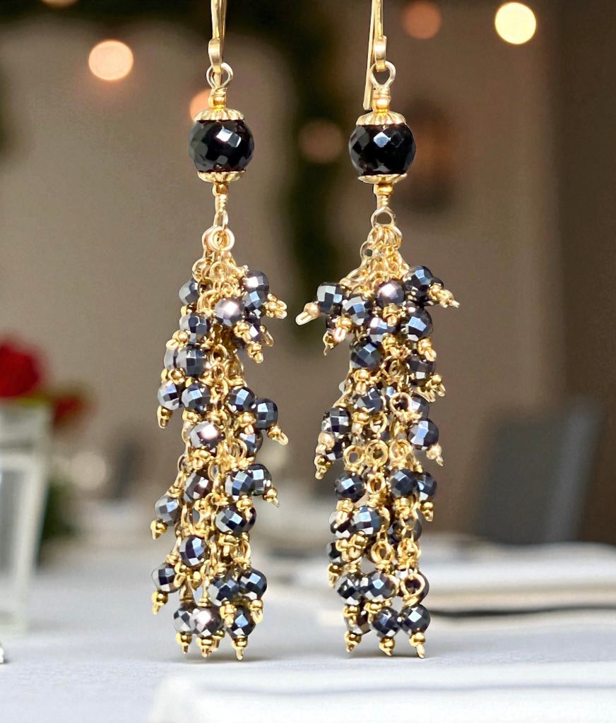 Sparkly Long Black Tassel Earrings Gold Fill