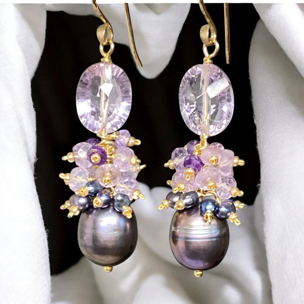 Amethyst Cluster Peacock Baroque Pearl Earrings Gold