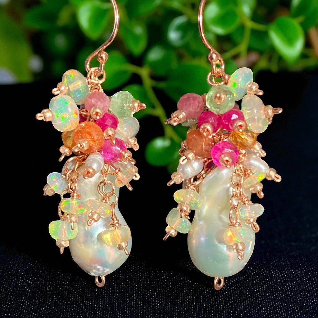 White Flameball Pearl Multicolor Gemstone Cluster Earrings Rose Gold Fill