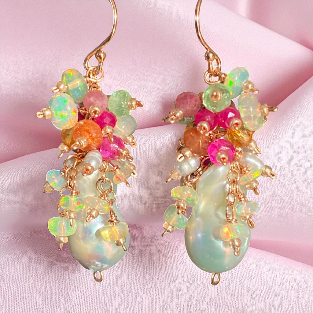 White Flameball Pearl Multicolor Gemstone Cluster Earrings Rose Gold Fill