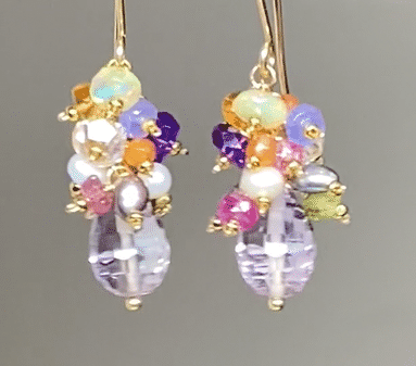 PInk Amethyst Multi Gemstone Cluster Dangle Earrings
