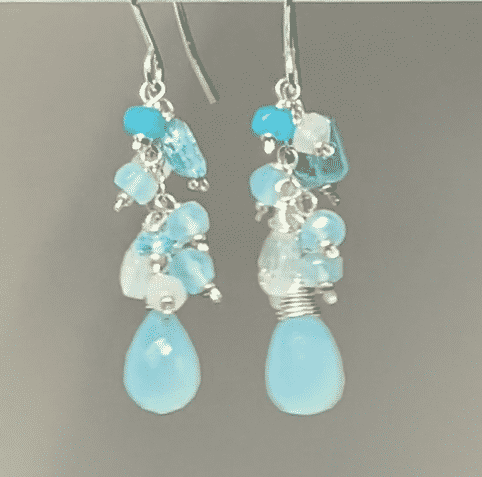 Aqua Chalcedony, Moonstone and Sterling Silver Dangle Earrings