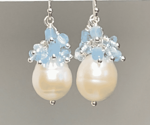 Pearl Cluster Earrings with Blue Aquamarine, Blue Topaz, Gold Fill or Sterling Silver