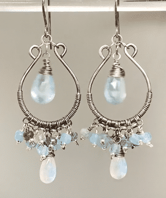 Aquamarine Oxidized Sterling Silver Hoop Chandelier Earrings