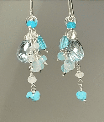 Aqua Quartz, Moonstone, Apatite and Sterling Silver Dangle Earrings