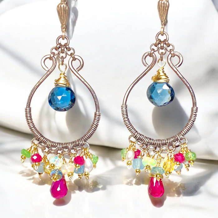 London Blue Topaz, Multi Gemstone, Oxidized Silver Hoop Chandelier Earrings