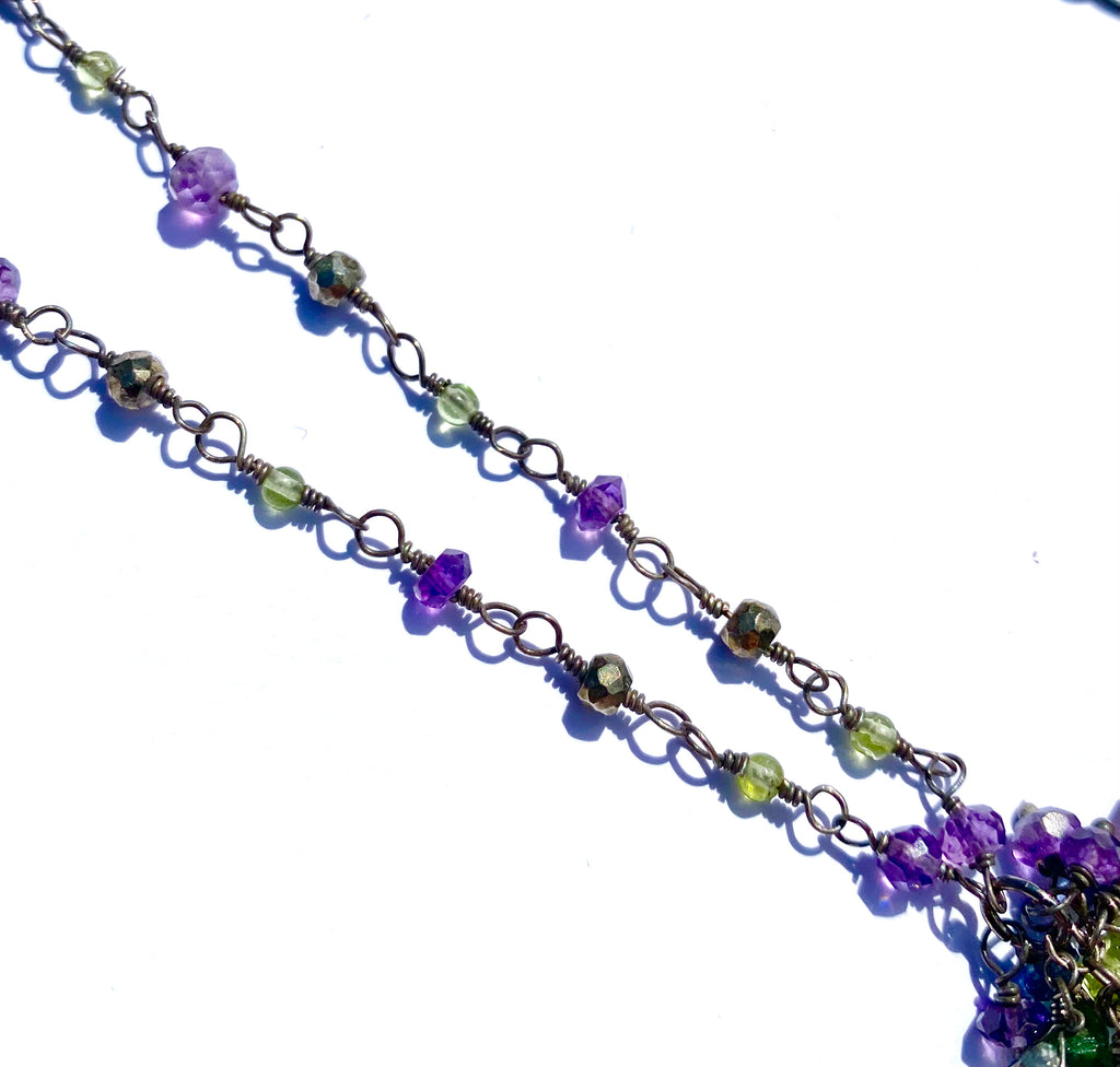 Amethyst, Tourmaline Gem Cluster Pendant Necklace, Rosary Style, Oxidized Silver