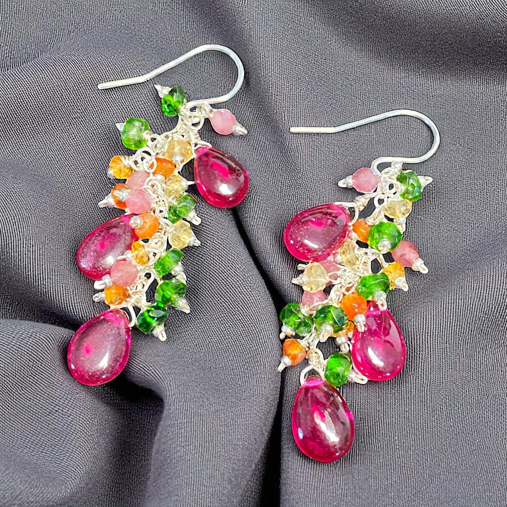 Rubellite Multi Gemstone Long Dangle Earrings Sterling Silver