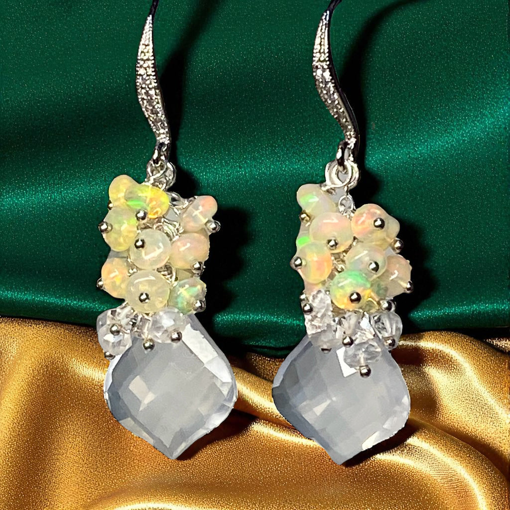 Opal Cluster Crystal Quartz Leverback Earrings