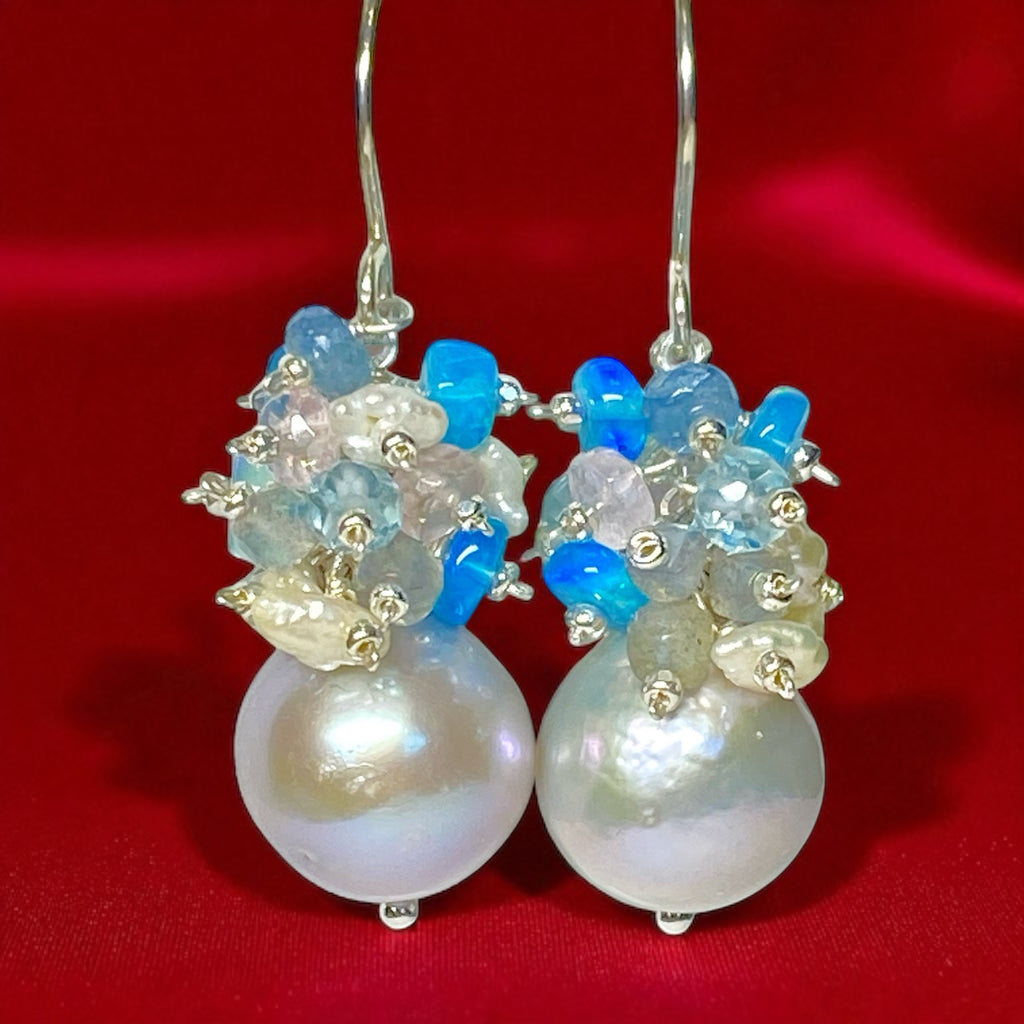 Silver Pearl Cluster Earrings with Blue Opal, Keishi Pearls, Aquamarine in Sterling Silver