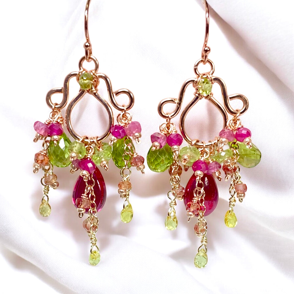 Rubellite and Peridot Rose Gold Chandelier Earrings - Pink and Green