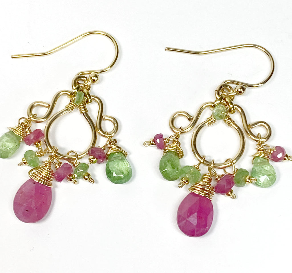 Tsavorite Garnet, Pink Sapphire Gold Fill Chandelier Earrings - Pink, Green Gemstones