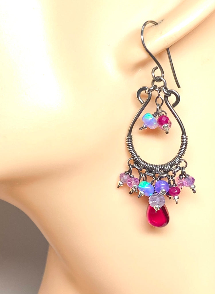 Pink Rubellite, Lavender Gems Oxidized Silver Hoop Chandelier Earrings,
