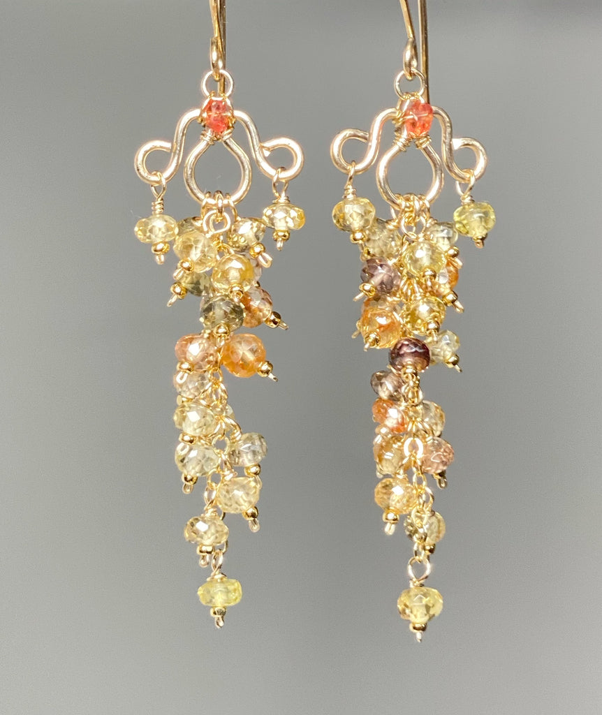 Natural Gemstone Zircon Cluster Dangle Earrings Gold Fill