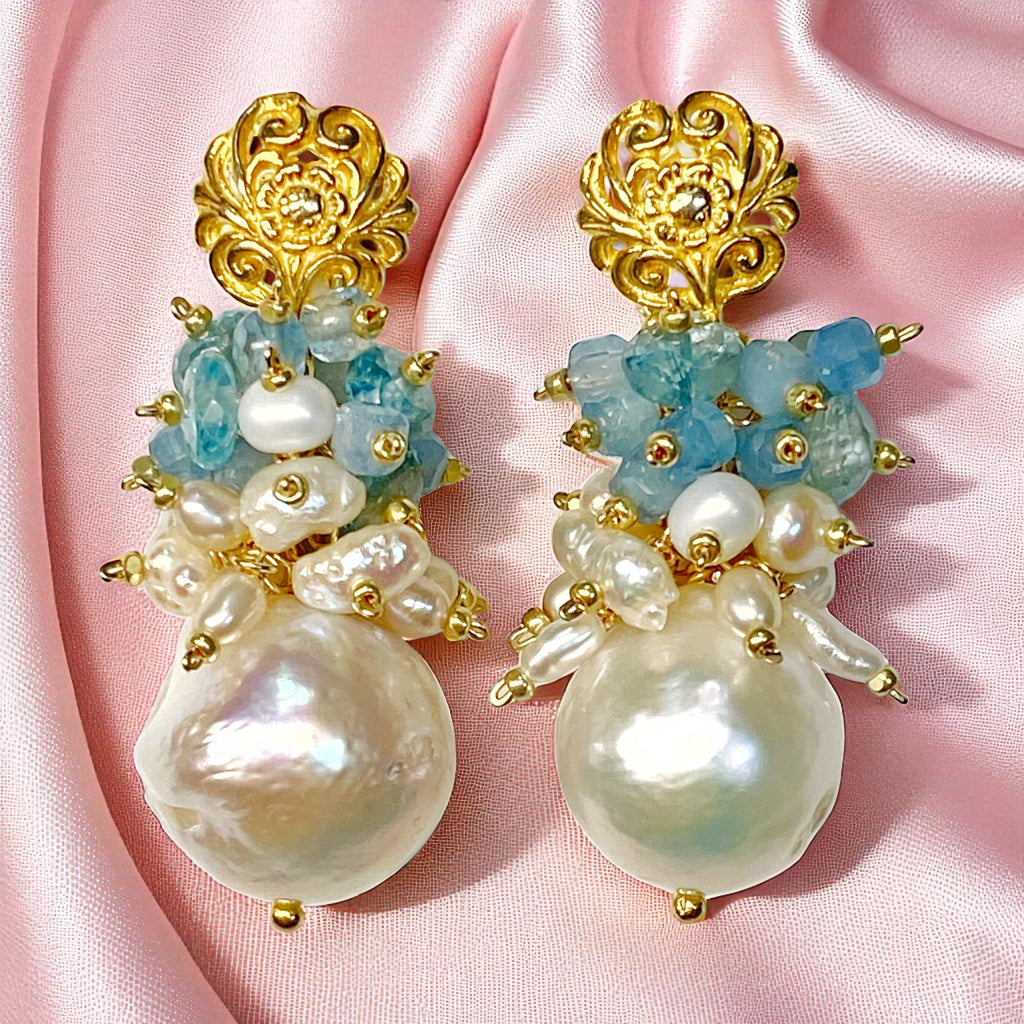 Blue Zircon Pearl Cluster Earrings Gold Post